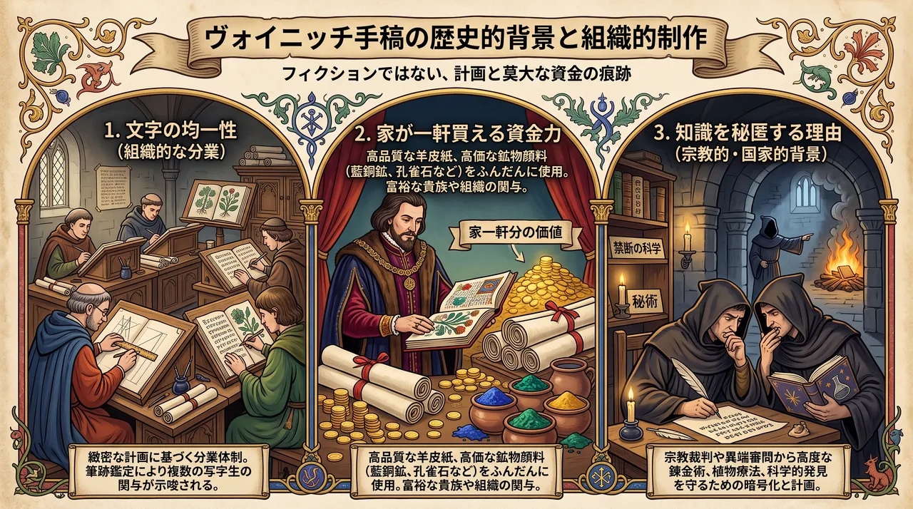 ヴォイニッチ手稿 解析対話 - 組織的分業と潤沢な資金力が示す制作背景